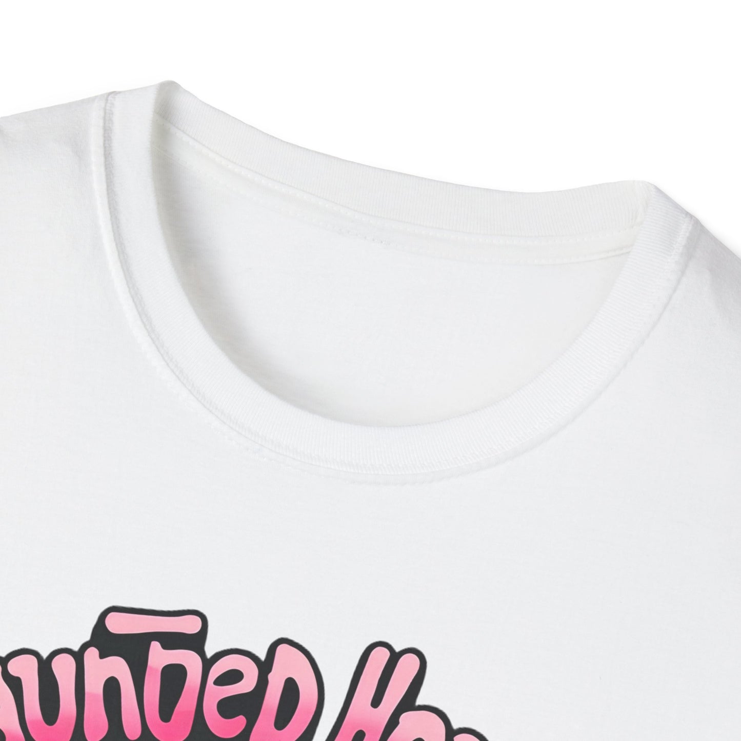 Haunted House Halloween T-Shirt Pink Spooky Gothic Unisex Softstyle T-Shirt Men Women Teen College Student Highschool