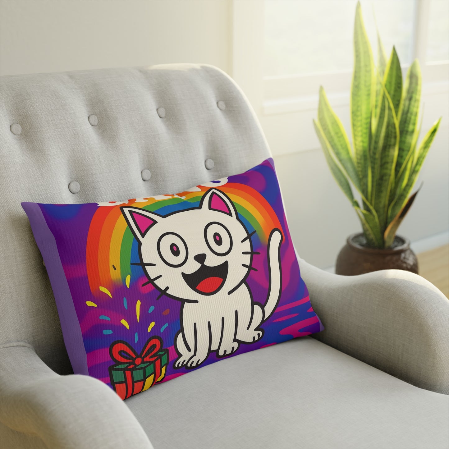 Cushion Pillow, Rainbow White Kitten Decorative Throw Pillow, Bed Cushion, Living Room Pillow, Nursery Decor, Couch Pillow