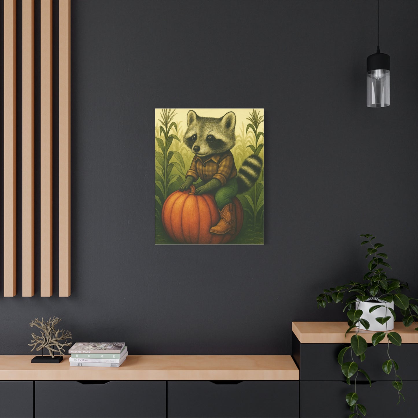 Matte Canvas Cowboy Harvest Raccoon on Pumpkin in Cornfield Green 8x10 - many sizes