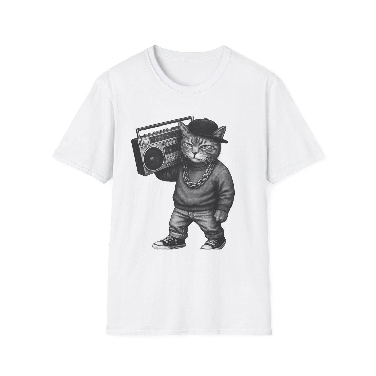 Black & White Boombox Cat T Shirt Hip Hop Streetwear Graphic Tee for Music Lovers Unisex Soft style T Shirt