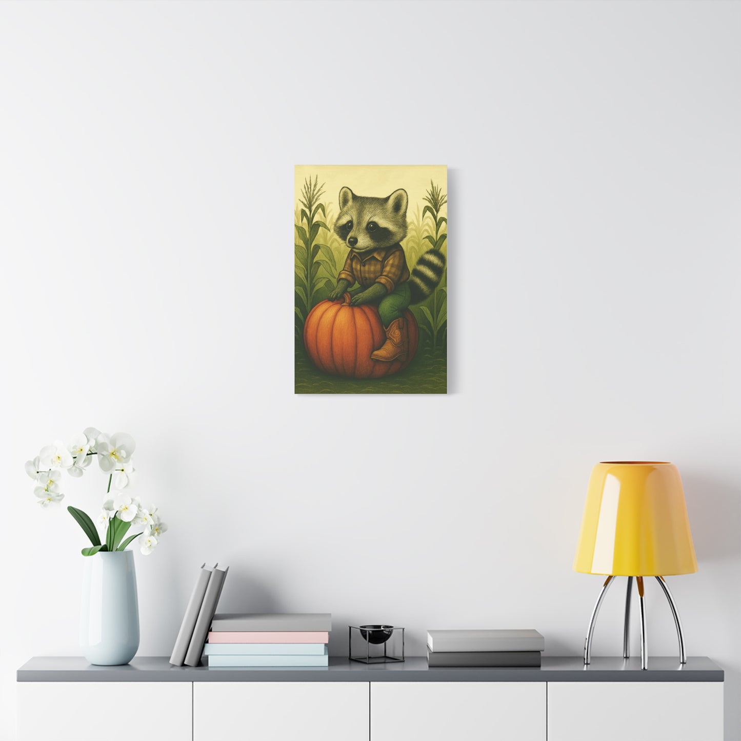 Matte Canvas Cowboy Harvest Raccoon on Pumpkin in Cornfield Green 8x10 - many sizes