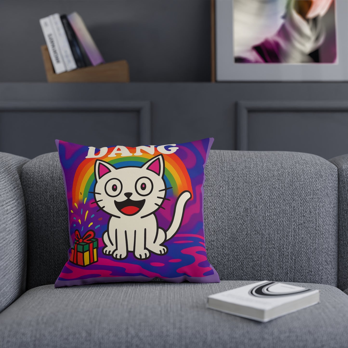 Cushion Pillow, Rainbow White Kitten Decorative Throw Pillow, Bed Cushion, Living Room Pillow, Nursery Decor, Couch Pillow