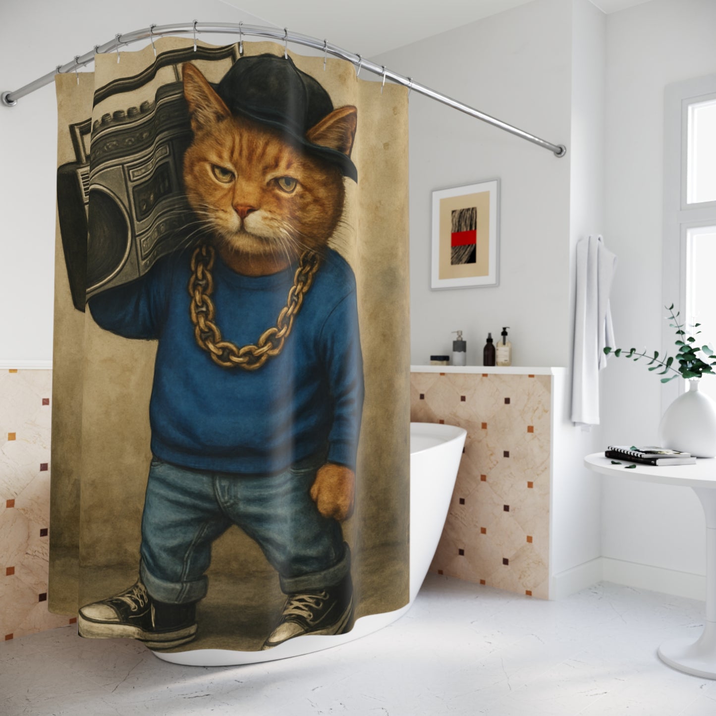 Hip Hop Cat Shower Curtain Funny Boombox Bathroom Decor Shower Curtains (matching hand towel sold separately)