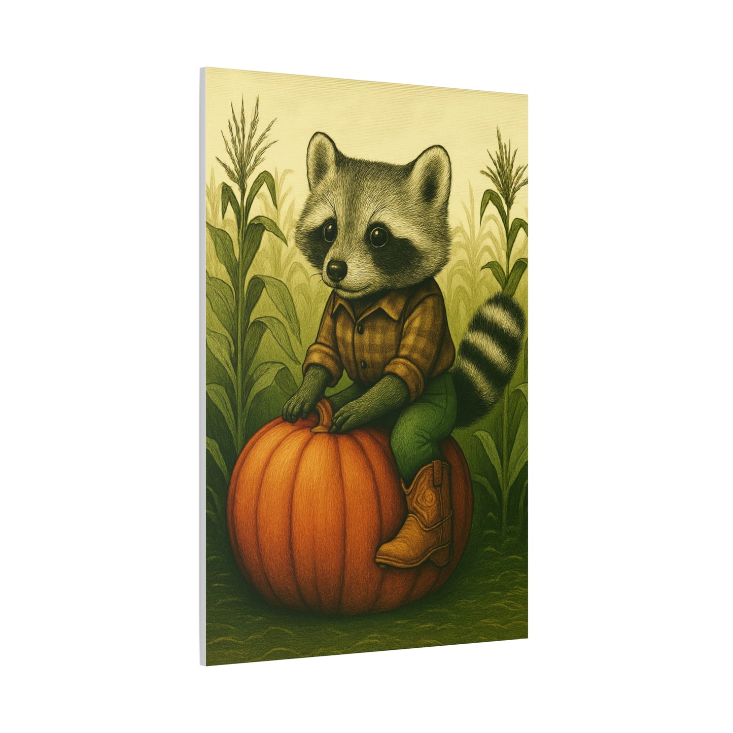 Matte Canvas Cowboy Harvest Raccoon on Pumpkin in Cornfield Green 8x10 - many sizes