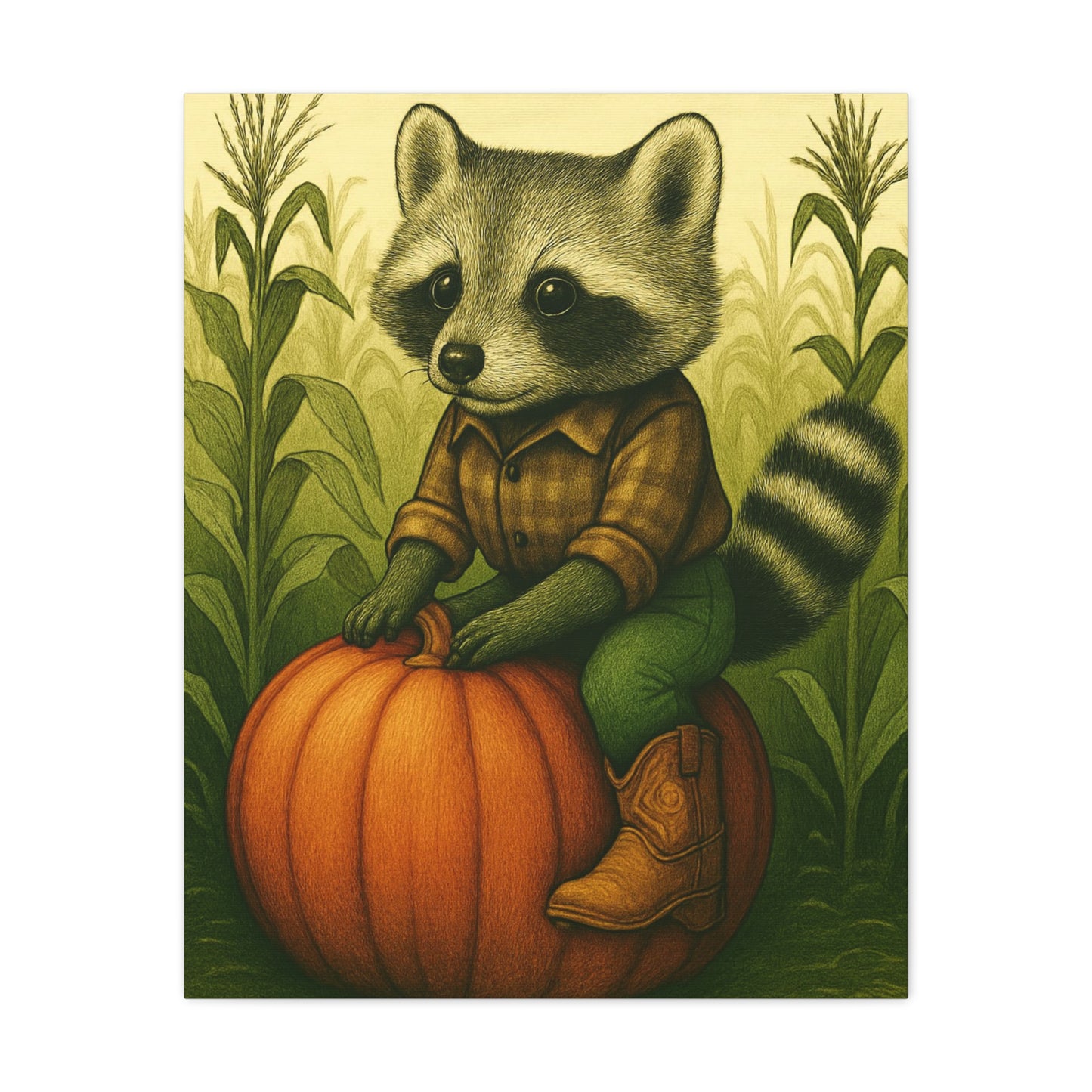 Matte Canvas Cowboy Harvest Raccoon on Pumpkin in Cornfield Green 8x10 - many sizes