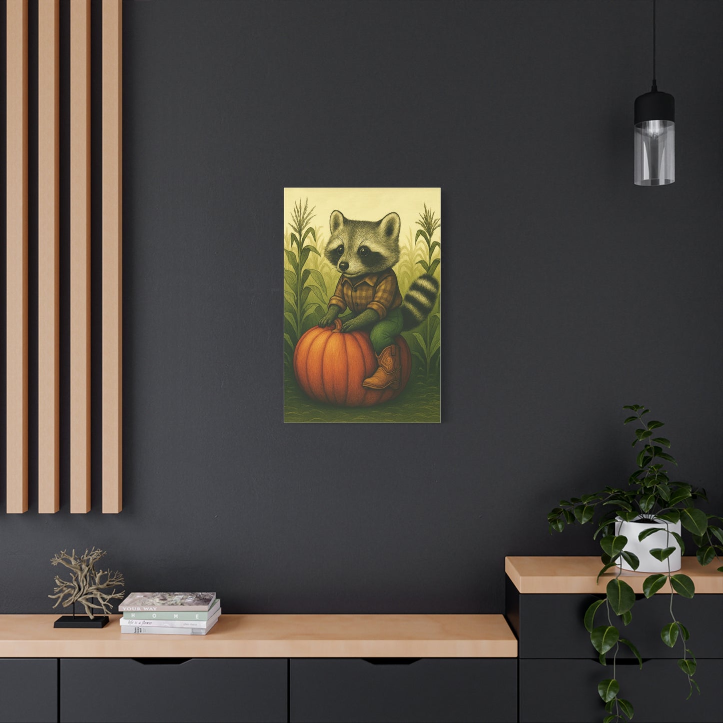 Matte Canvas Cowboy Harvest Raccoon on Pumpkin in Cornfield Green 8x10 - many sizes