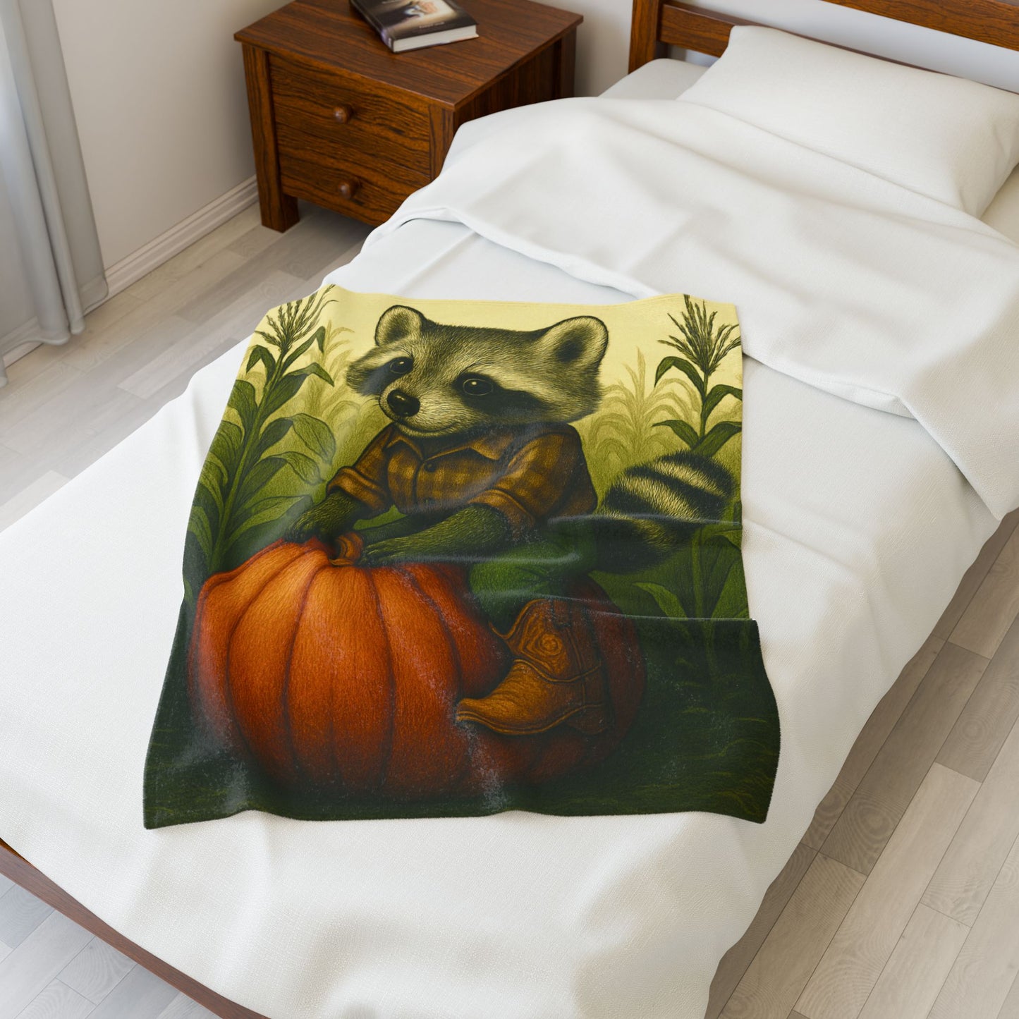 Cozy Fall Blanket with Raccoon Pumpkin Design Autumn Farmhouse Throw