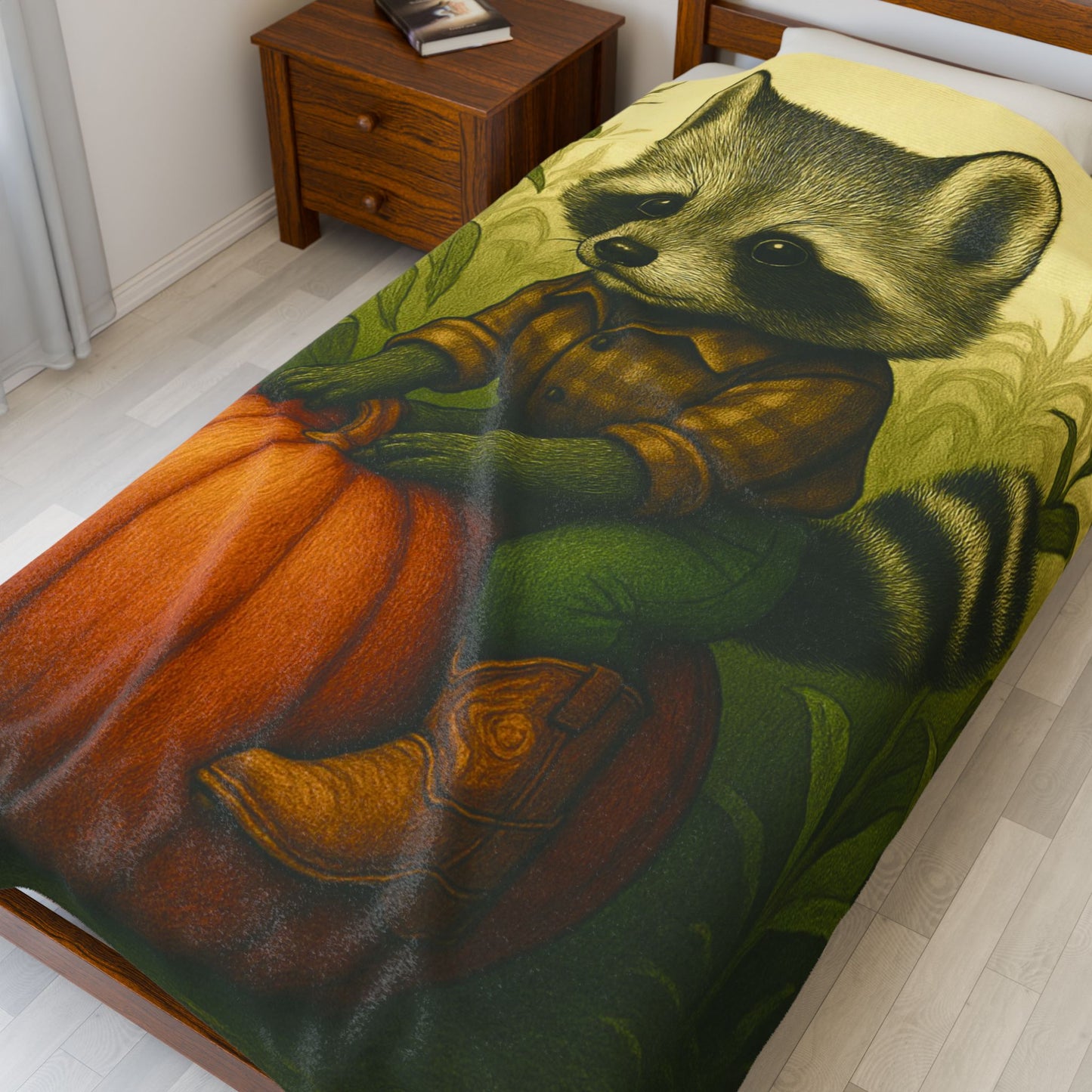 Cozy Fall Blanket with Raccoon Pumpkin Design Autumn Farmhouse Throw