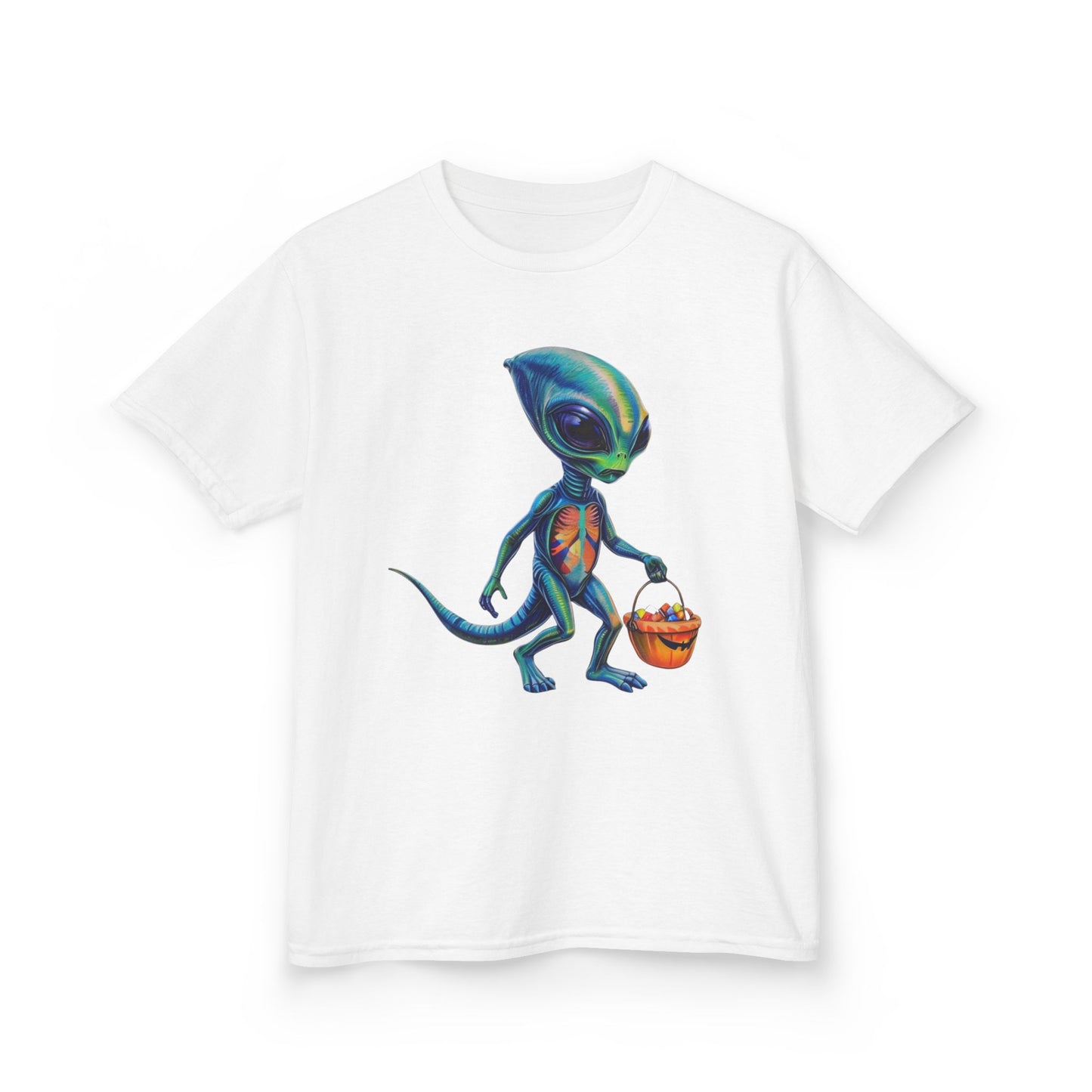 Alien Trick or Treat Halloween Kids T Shirt Cute Sci Fi Costume Tee Kids Heavy Cotton™ Tee
