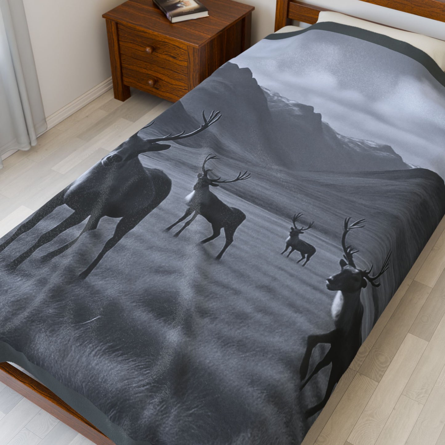Black and White Deer Mountain Blanket Cozy Wildlife Lodge Cabin Plush Velveteen Throw for Rustic Home Décor