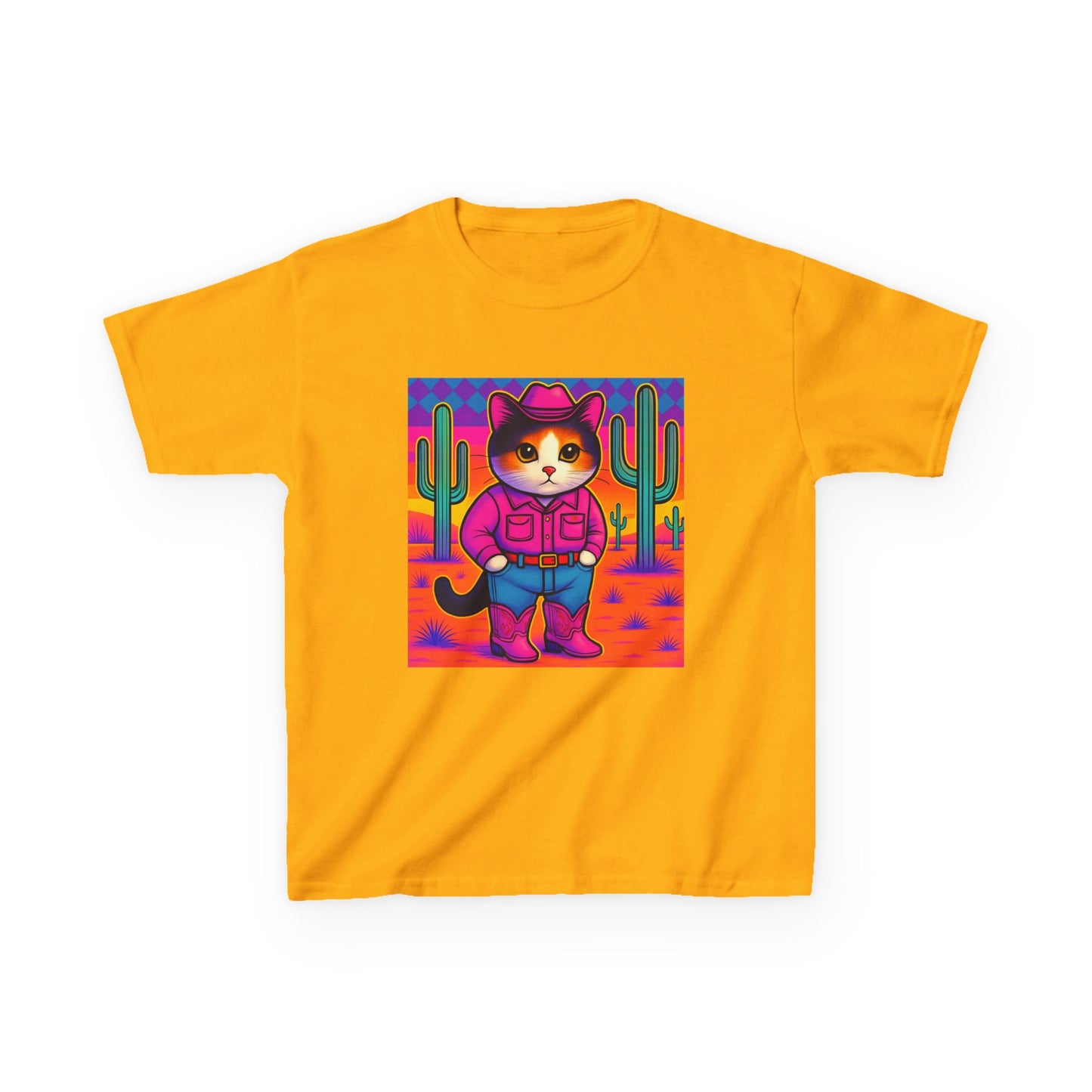 Cowgirl Cat Kids Shirt Cute Western Cat Tee Pink Calico Kitty Desert Shirt Y2K Girls Graphic Tee Kids Heavy
