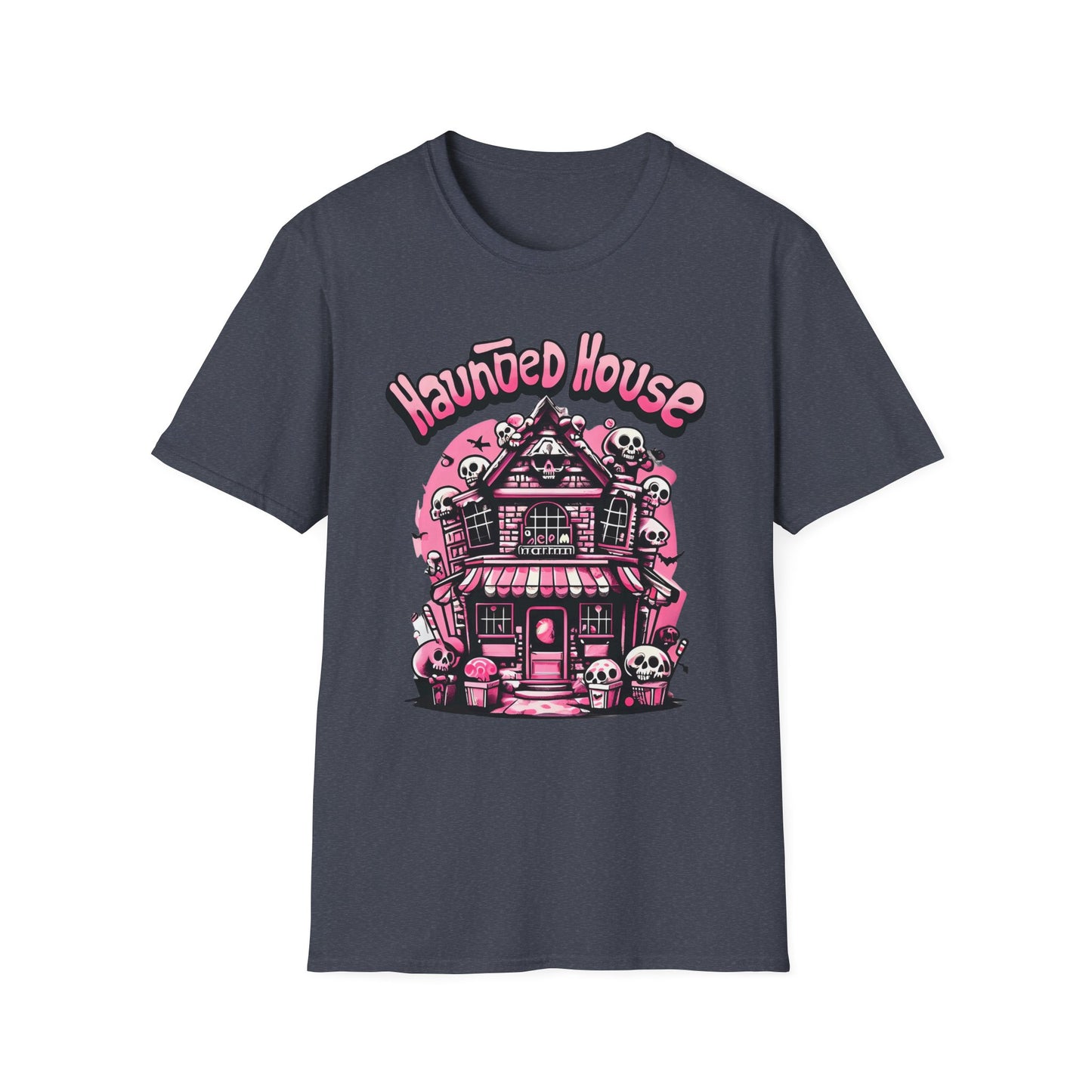 Haunted House Halloween T-Shirt Pink Spooky Gothic Unisex Softstyle T-Shirt Men Women Teen College Student Highschool