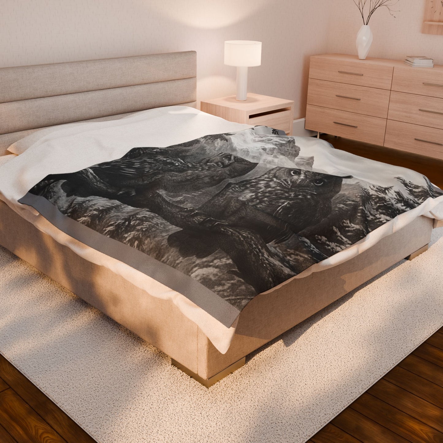 Rustic Owl Mountain Blanket Wildlife Cabin Decor, Cozy Forest Throw, Nature Inspired Bedding Velveteen Plush Blanket