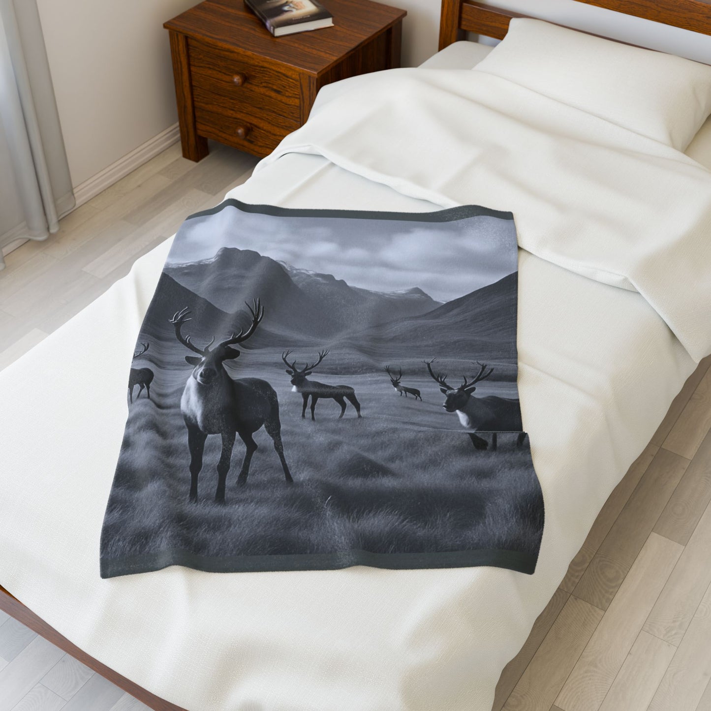 Black and White Deer Mountain Blanket Cozy Wildlife Lodge Cabin Plush Velveteen Throw for Rustic Home Décor