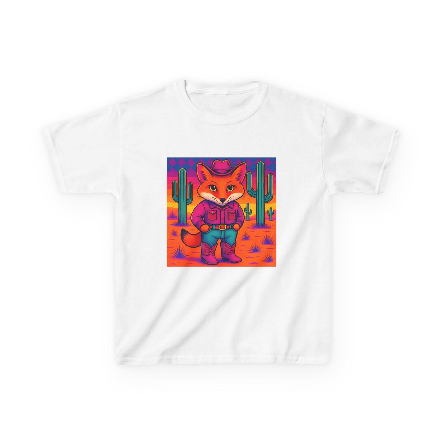 Cowboy Fox Kids T Shirt Cute Western Animal Shirt Unisex Youth Tee for Boys and Girls Neon Desert Y2K Style Kids Heavy Cotton™ Tee