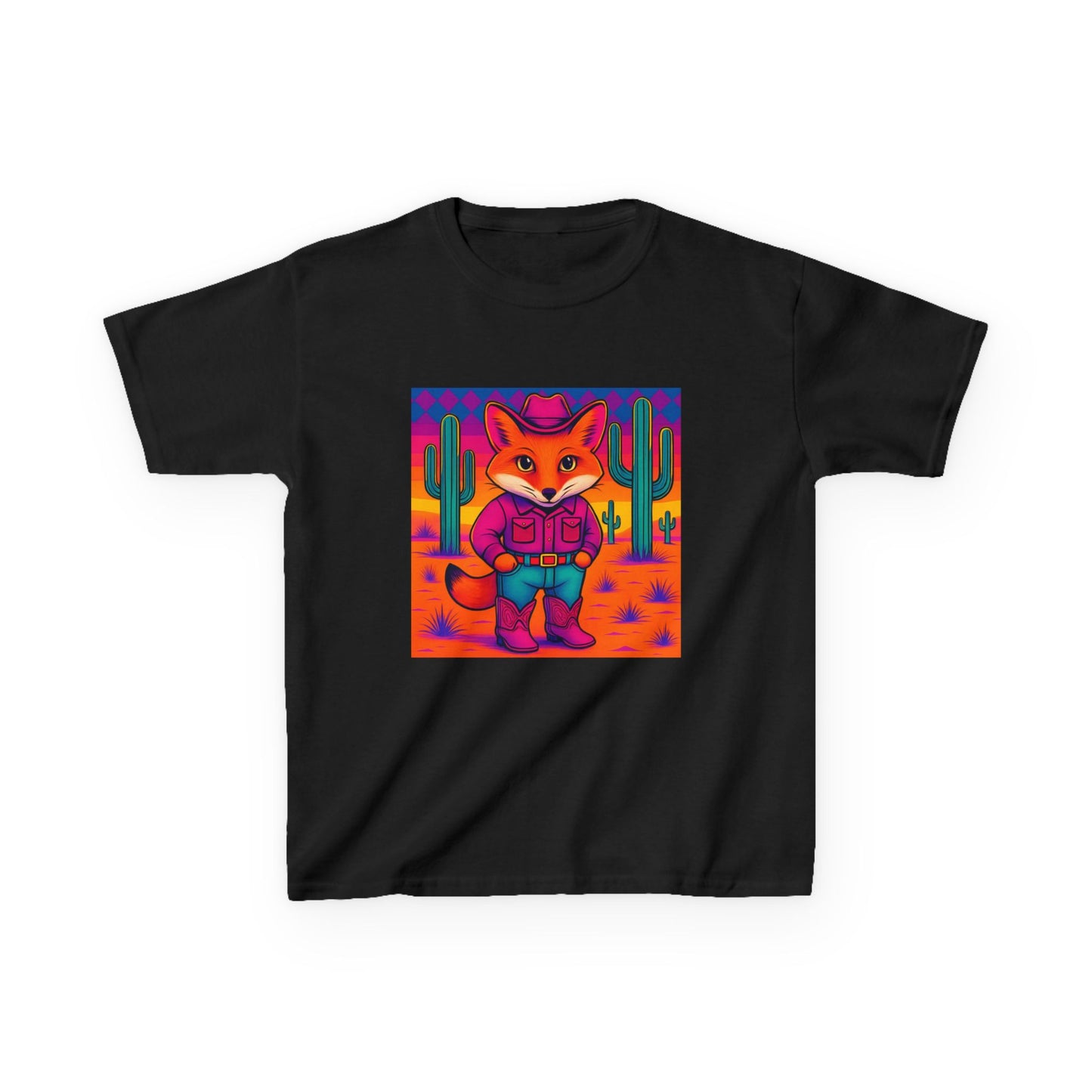 Cowboy Fox Kids T Shirt Cute Western Animal Shirt Unisex Youth Tee for Boys and Girls Neon Desert Y2K Style Kids Heavy Cotton™ Tee