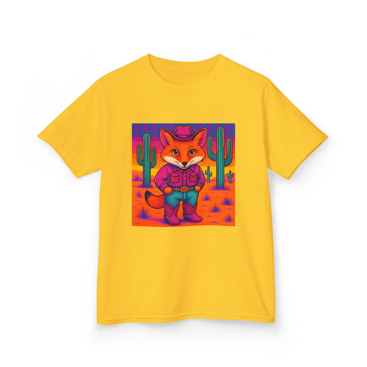 Cowboy Fox Kids T Shirt Cute Western Animal Shirt Unisex Youth Tee for Boys and Girls Neon Desert Y2K Style Kids Heavy Cotton™ Tee