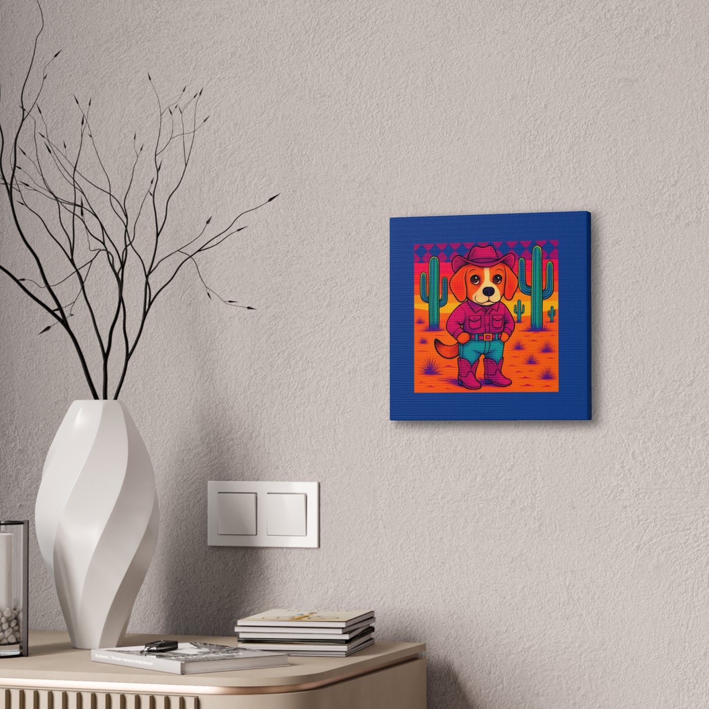 Canvas Stretched, Bright Colored Cowboy Dog in Desert Cactus, Cute Whimsical Wall Art, Home Decor, Western Animal Print, Dog Lover Gift