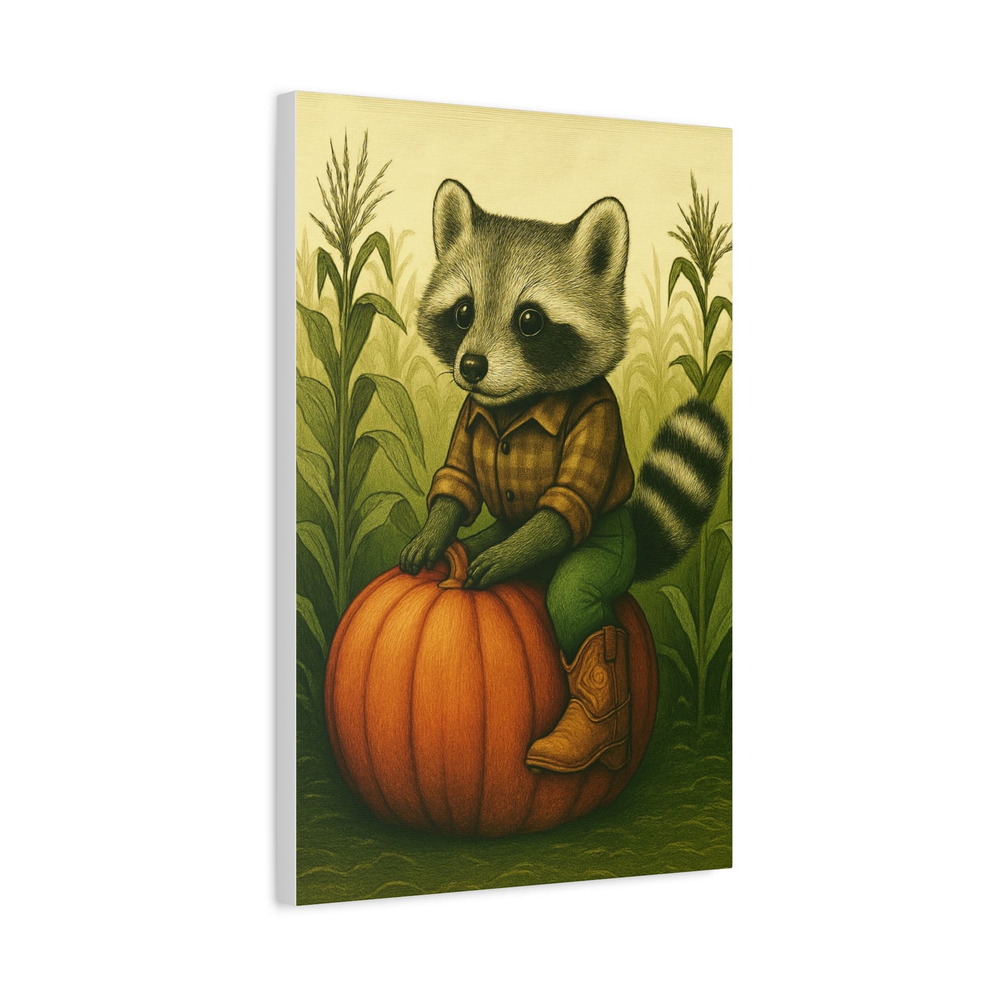 Matte Canvas Cowboy Harvest Raccoon on Pumpkin in Cornfield Green 8x10 - many sizes