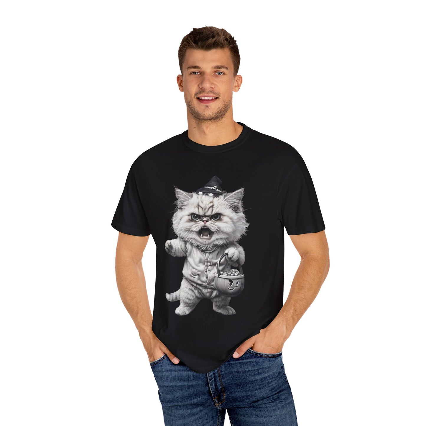 Angry Halloween Cat T Shirt Funny Spooky Kitten Tee Gothic Trick or Treat Shirt Unisex Garment Dyed T shirt