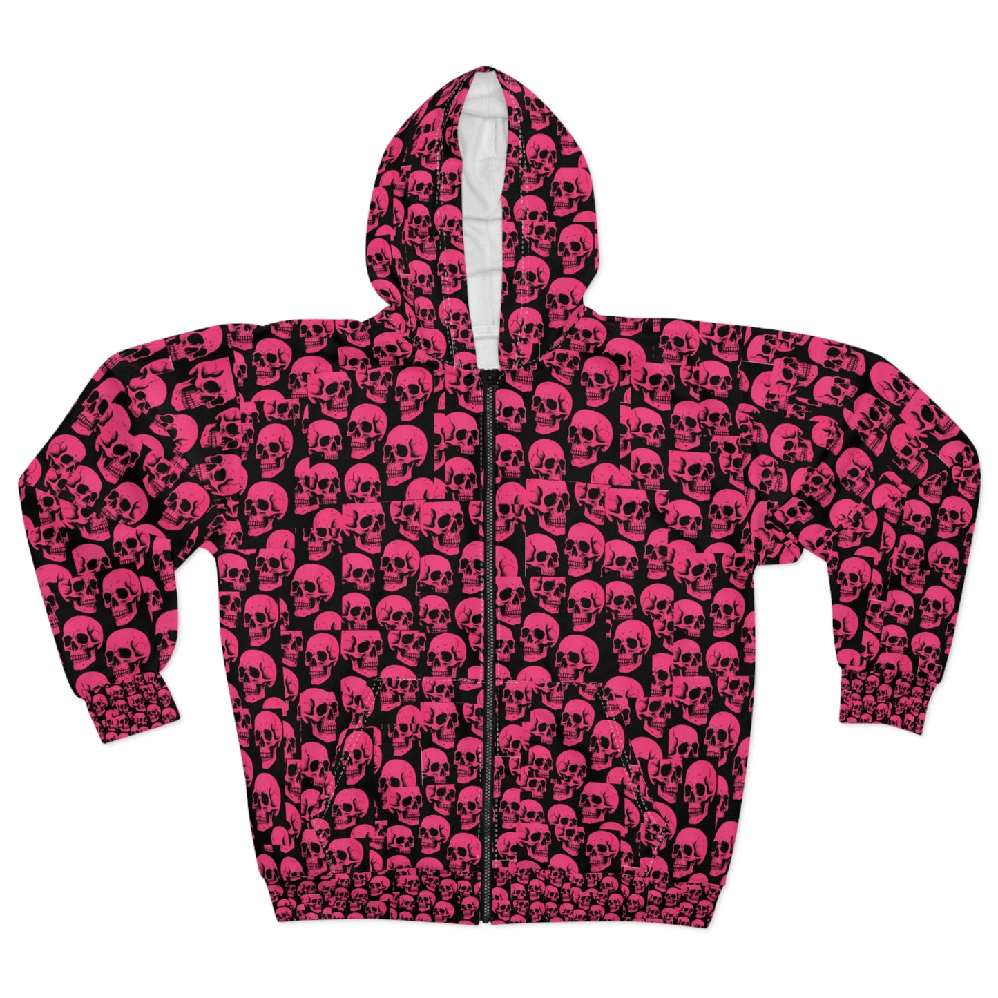 Edgy Pink Skull Hoodie Gothic Streetwear Unisex Zip Up Jacket, Alternative Punk Hoodie for Men and Women, Halloween Skull Print Fashion
