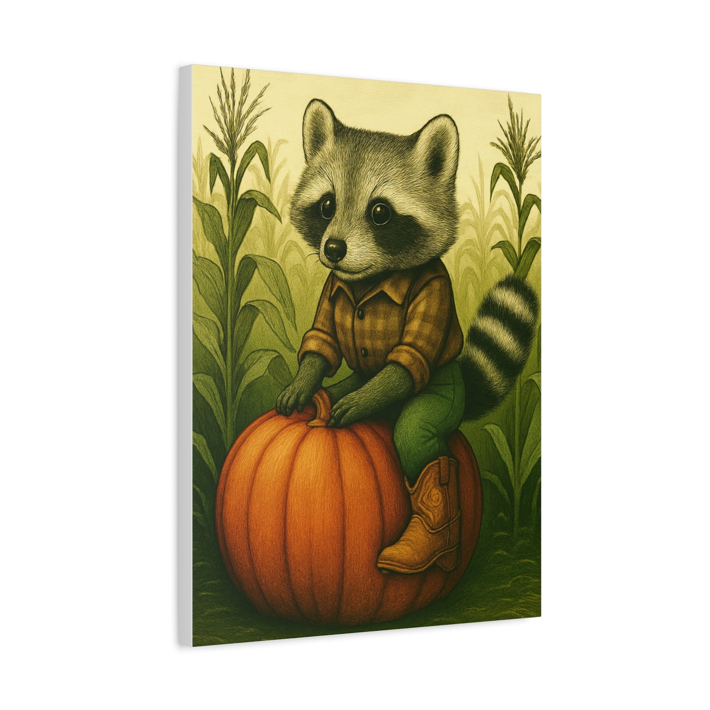 Matte Canvas Cowboy Harvest Raccoon on Pumpkin in Cornfield Green 8x10 - many sizes
