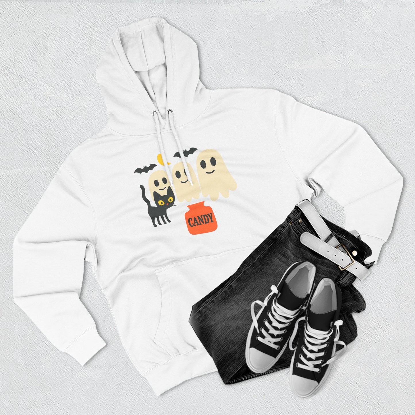 Halloween Three-Panel Fleece Hoodie, Ghost Black Cat Long Sleeve Unisex, Scary Bat Costume Sweatshirt, Trick or Treat Candy Bucket Jacket,
