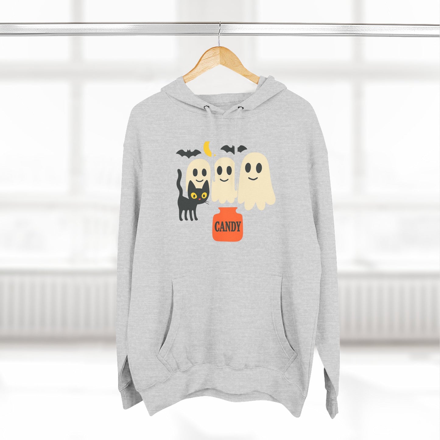 Halloween Three-Panel Fleece Hoodie, Ghost Black Cat Long Sleeve Unisex, Scary Bat Costume Sweatshirt, Trick or Treat Candy Bucket Jacket,