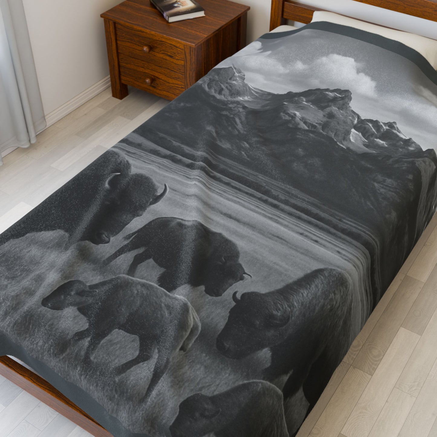 Rustic Bison Mountain Blanket Western Wildlife Lodge Cabin Decor, Cozy Buffalo Herd Bed Throw, Nature Inspired Rustic Bedding