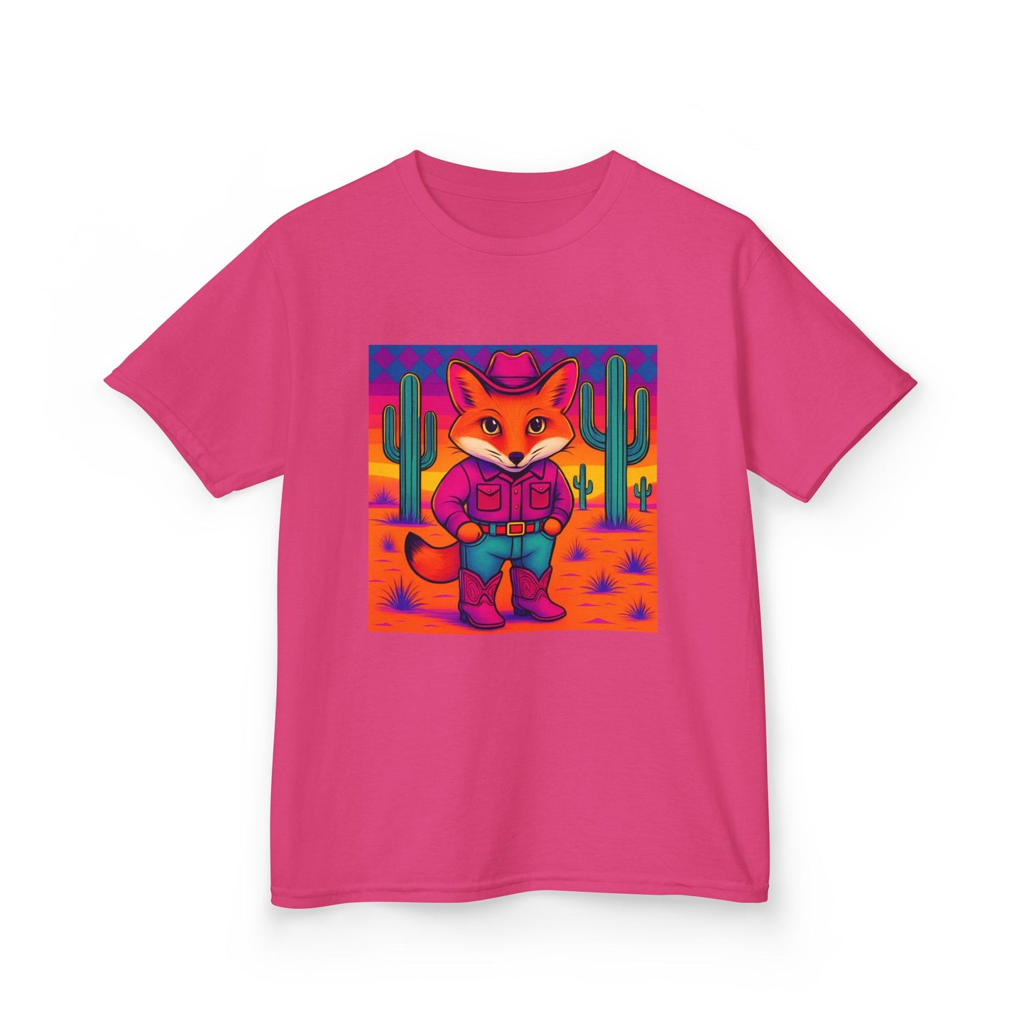 Cowboy Fox Kids T Shirt Cute Western Animal Shirt Unisex Youth Tee for Boys and Girls Neon Desert Y2K Style Kids Heavy Cotton™ Tee
