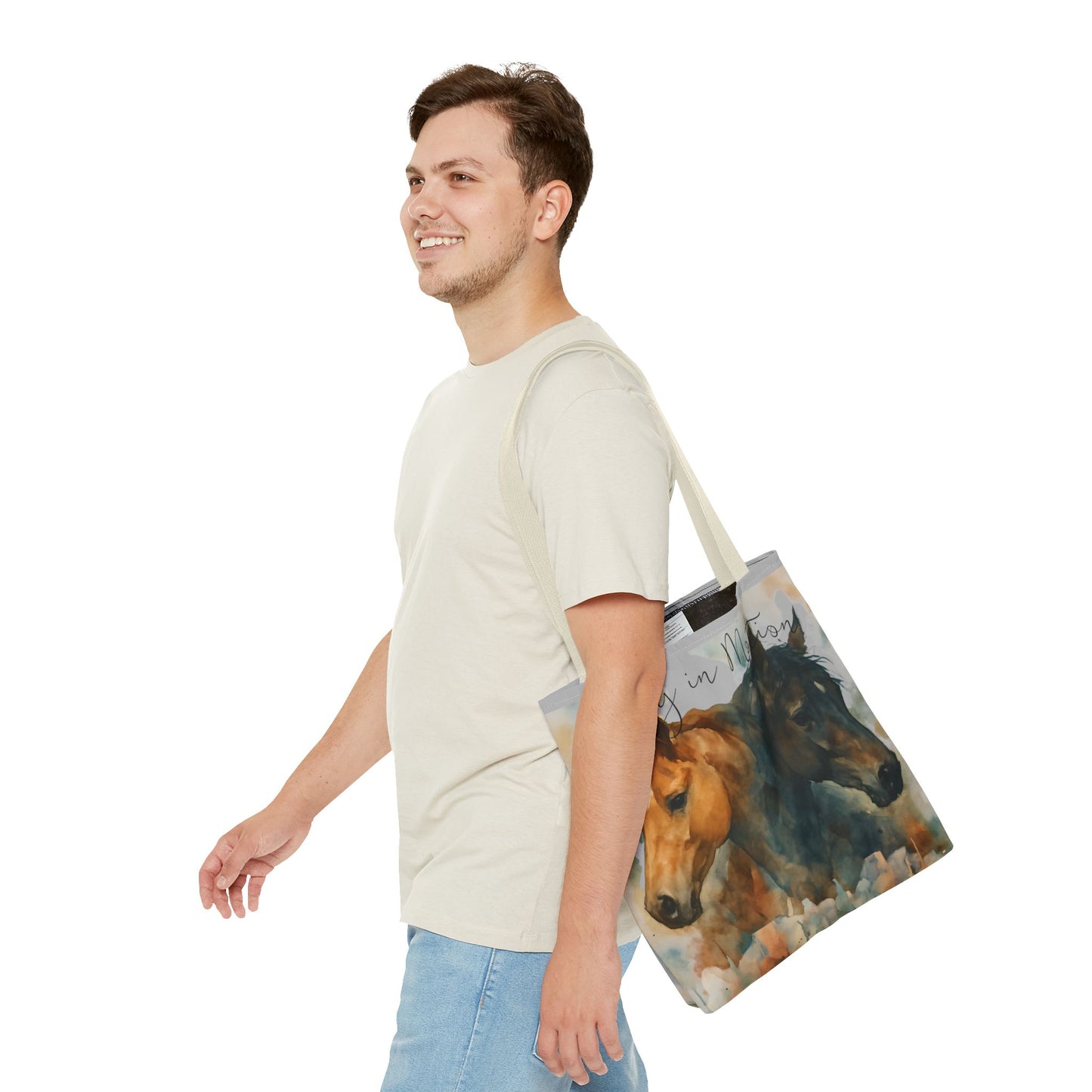 Horse Art Tote Bag, Watercolor Horses, Pretty in Motion