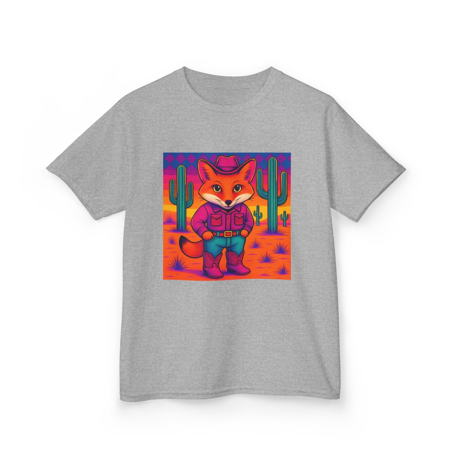 Cowboy Fox Kids T Shirt Cute Western Animal Shirt Unisex Youth Tee for Boys and Girls Neon Desert Y2K Style Kids Heavy Cotton™ Tee