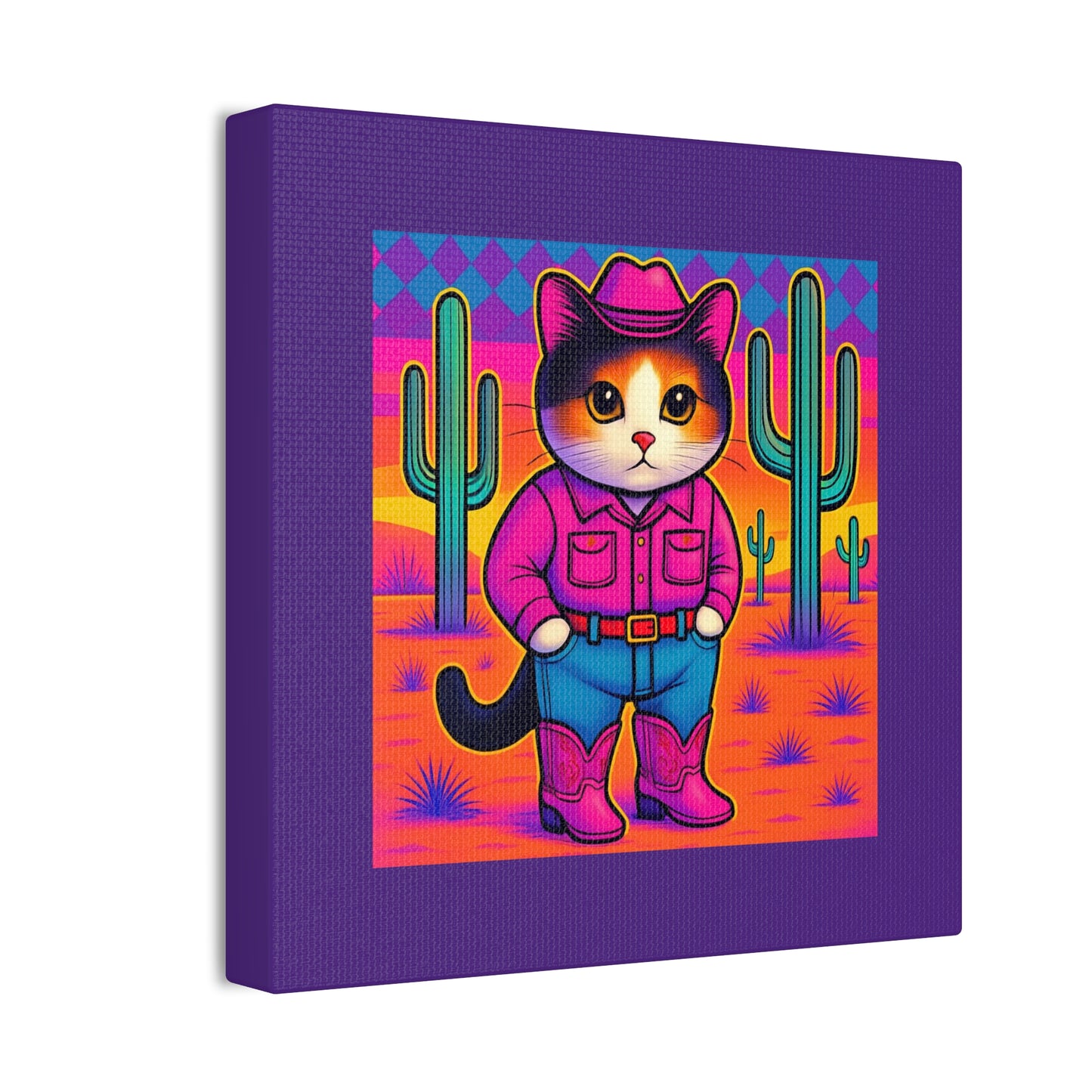 Bright Colored Cowboy Cat with Cactus Canvas stretched 8x8