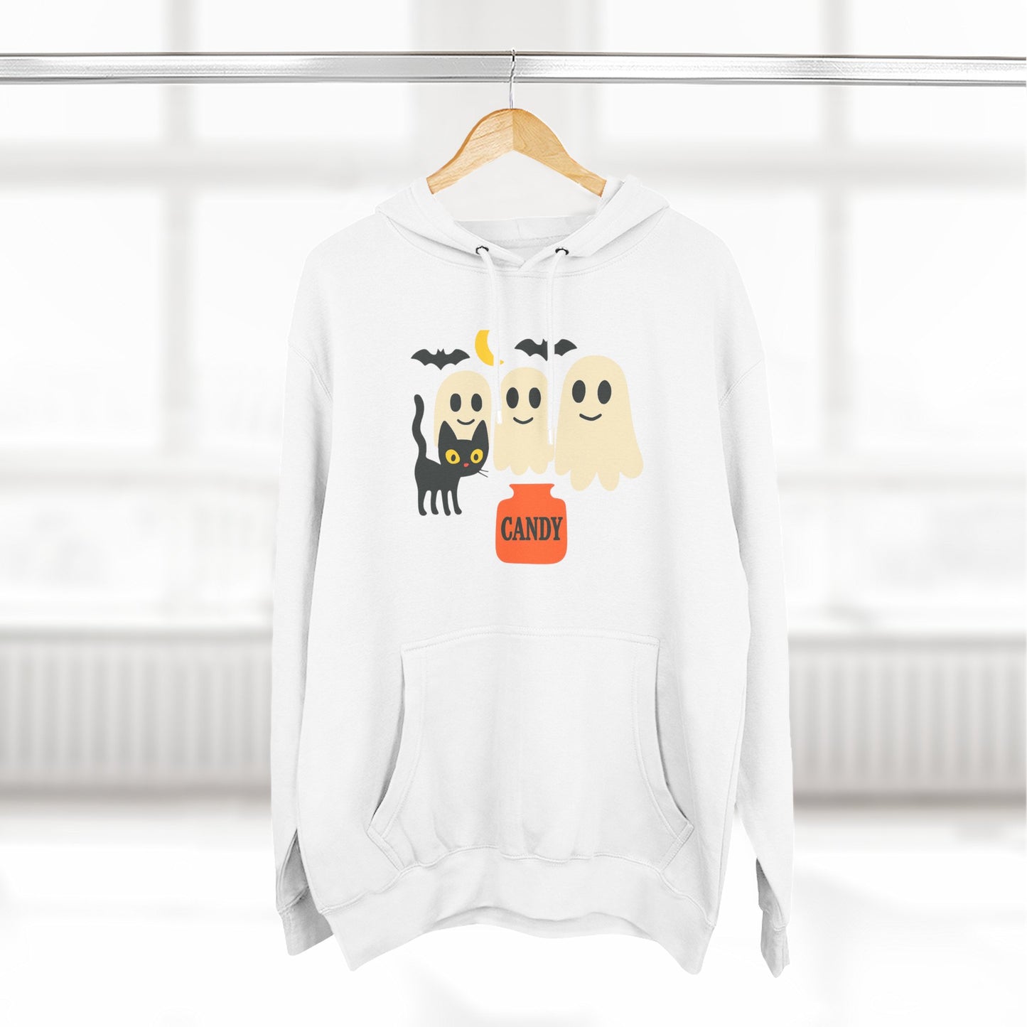 Halloween Three-Panel Fleece Hoodie, Ghost Black Cat Long Sleeve Unisex, Scary Bat Costume Sweatshirt, Trick or Treat Candy Bucket Jacket,