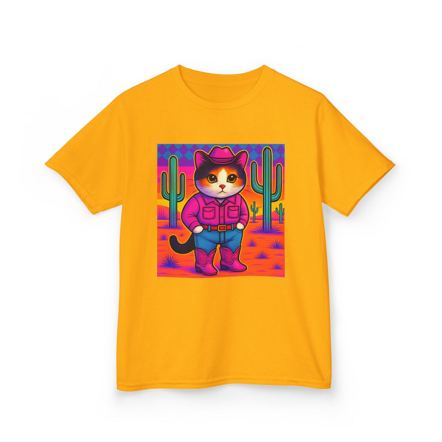 Cowgirl Cat Kids Shirt Cute Western Cat Tee Pink Calico Kitty Desert Shirt Y2K Girls Graphic Tee Kids Heavy