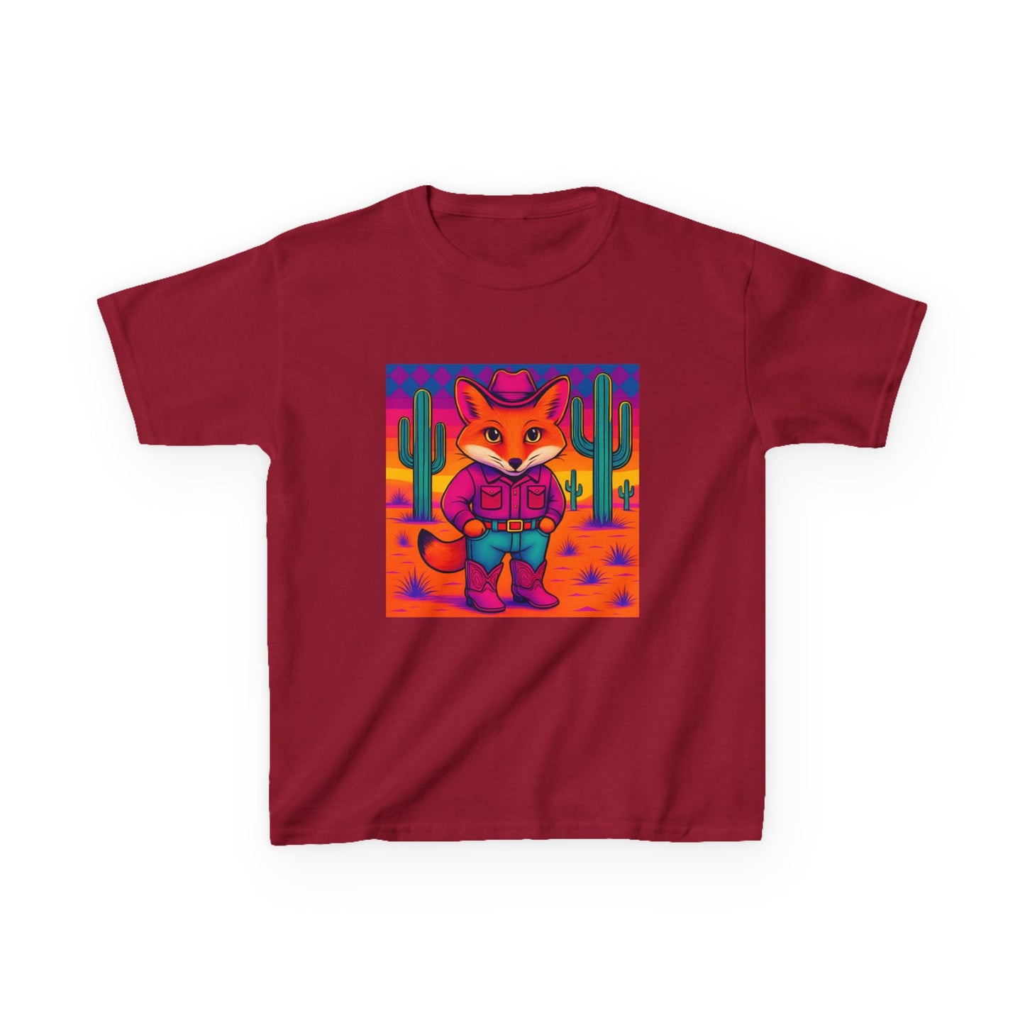 Cowboy Fox Kids T Shirt Cute Western Animal Shirt Unisex Youth Tee for Boys and Girls Neon Desert Y2K Style Kids Heavy Cotton™ Tee