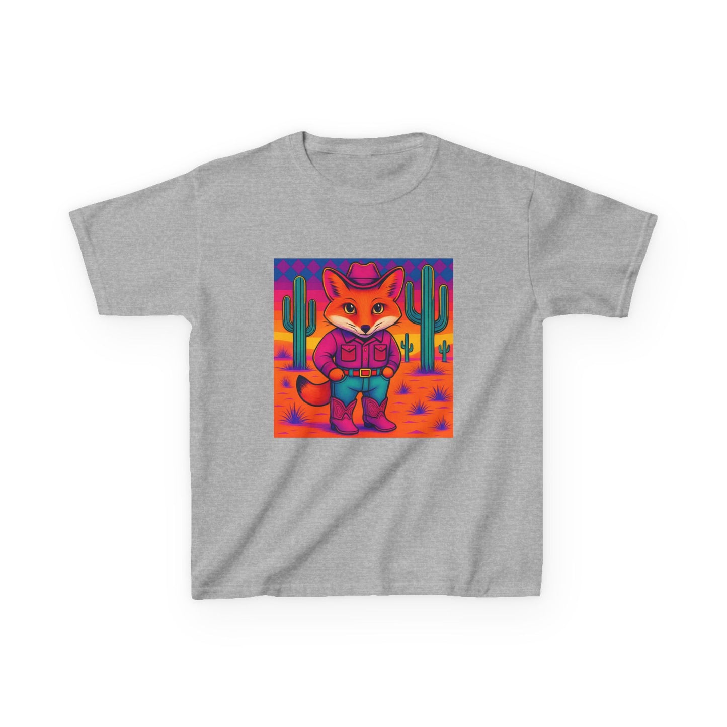 Cowboy Fox Kids T Shirt Cute Western Animal Shirt Unisex Youth Tee for Boys and Girls Neon Desert Y2K Style Kids Heavy Cotton™ Tee
