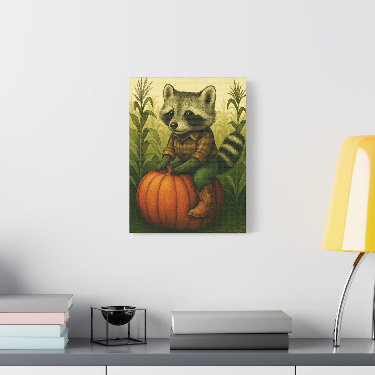 Matte Canvas Cowboy Harvest Raccoon on Pumpkin in Cornfield Green 8x10 - many sizes