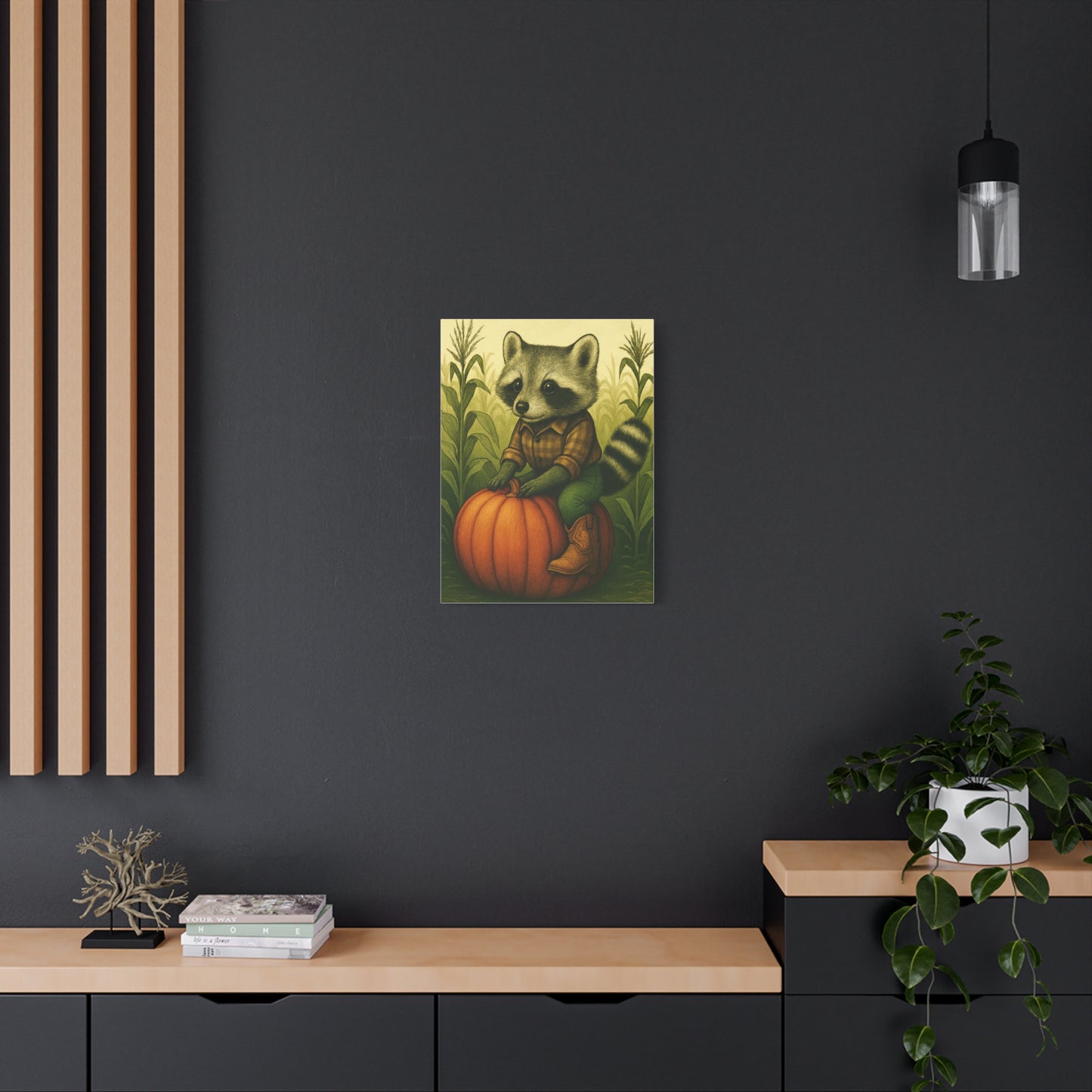 Matte Canvas Cowboy Harvest Raccoon on Pumpkin in Cornfield Green 8x10 - many sizes