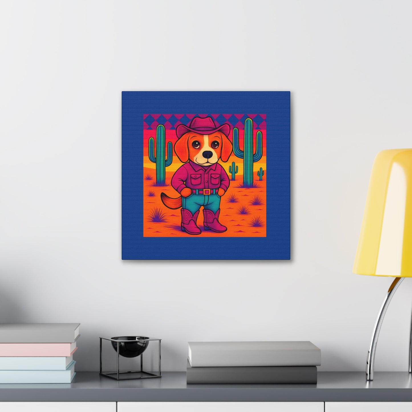 Canvas Stretched, Bright Colored Cowboy Dog in Desert Cactus, Cute Whimsical Wall Art, Home Decor, Western Animal Print, Dog Lover Gift