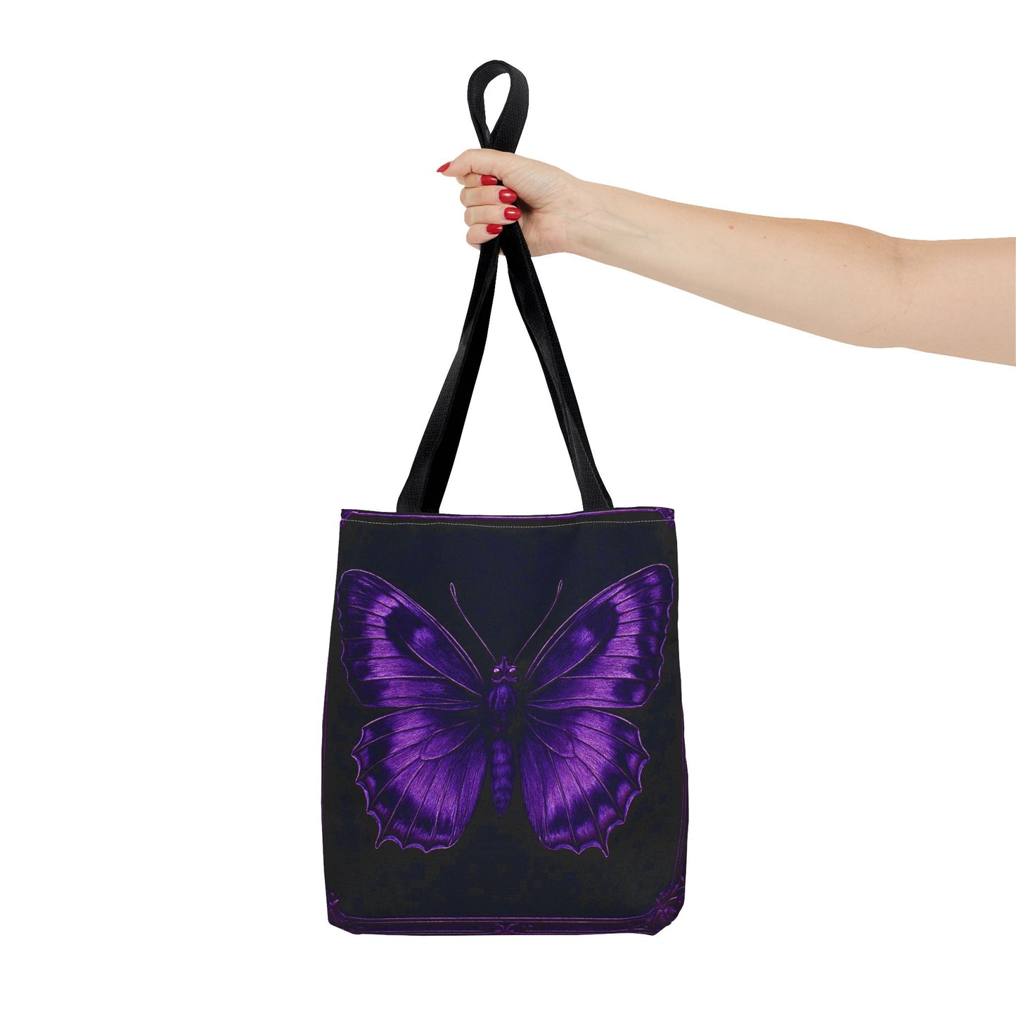 Purple Butterfly Tote Bag, Gothic Aesthetic Tote, Dark Fashion Bag, Nature Inspired Carryall Tote Bag (AOP)