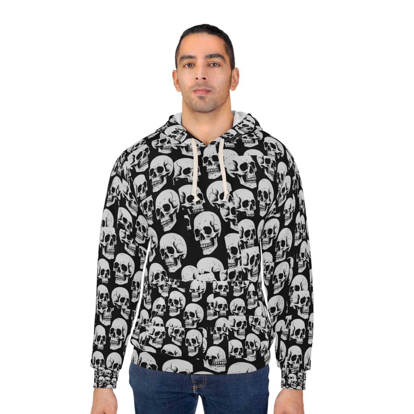 Bold Gothic Skull Hoodie for Men Black and White Skeleton Streetwear, Halloween Punk Rock Pullover Sweatshirt