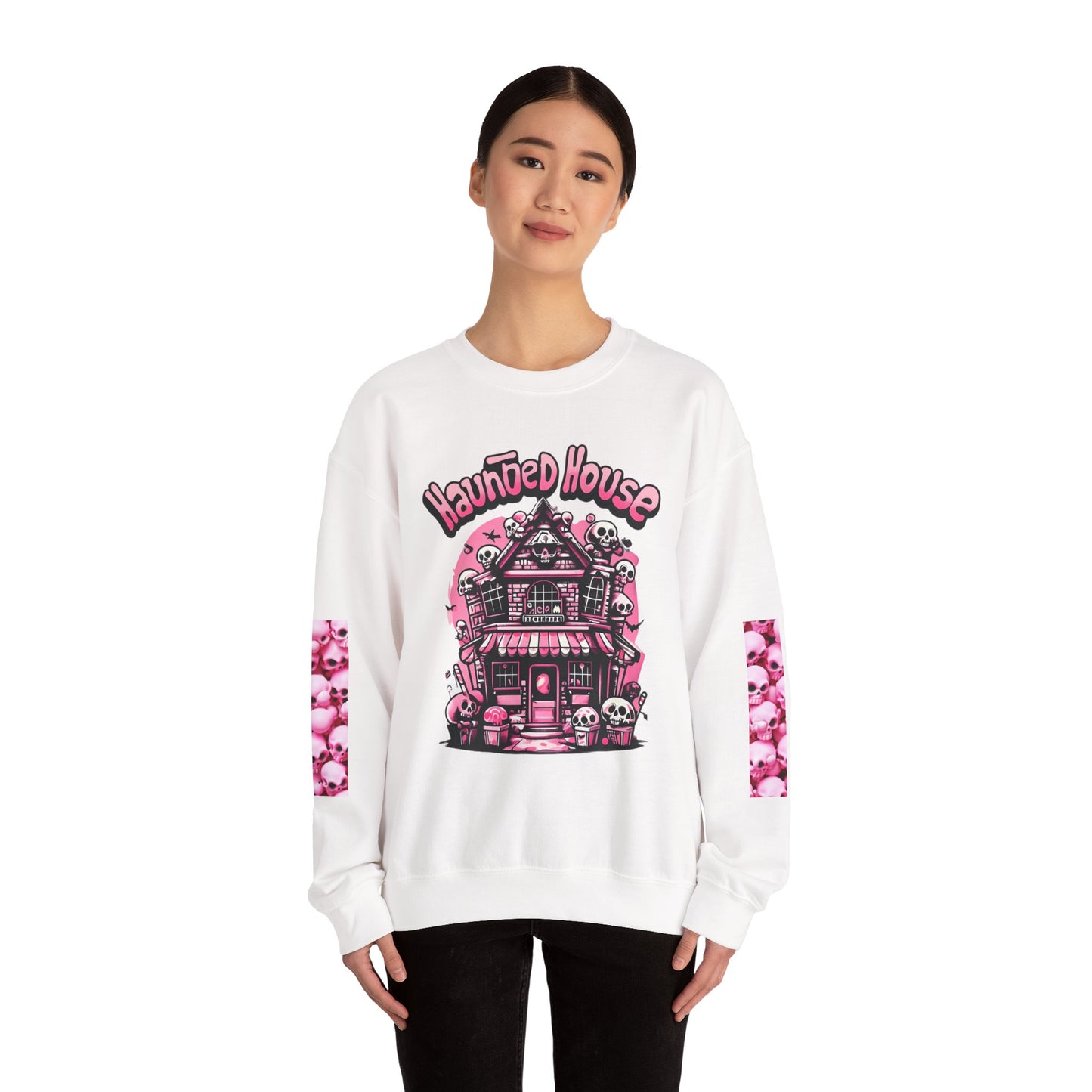 Haunted House Skull Sweatshirt Pink - Spooky Cute Pink & Black Aesthetic, Men, Women, Pink Skull,