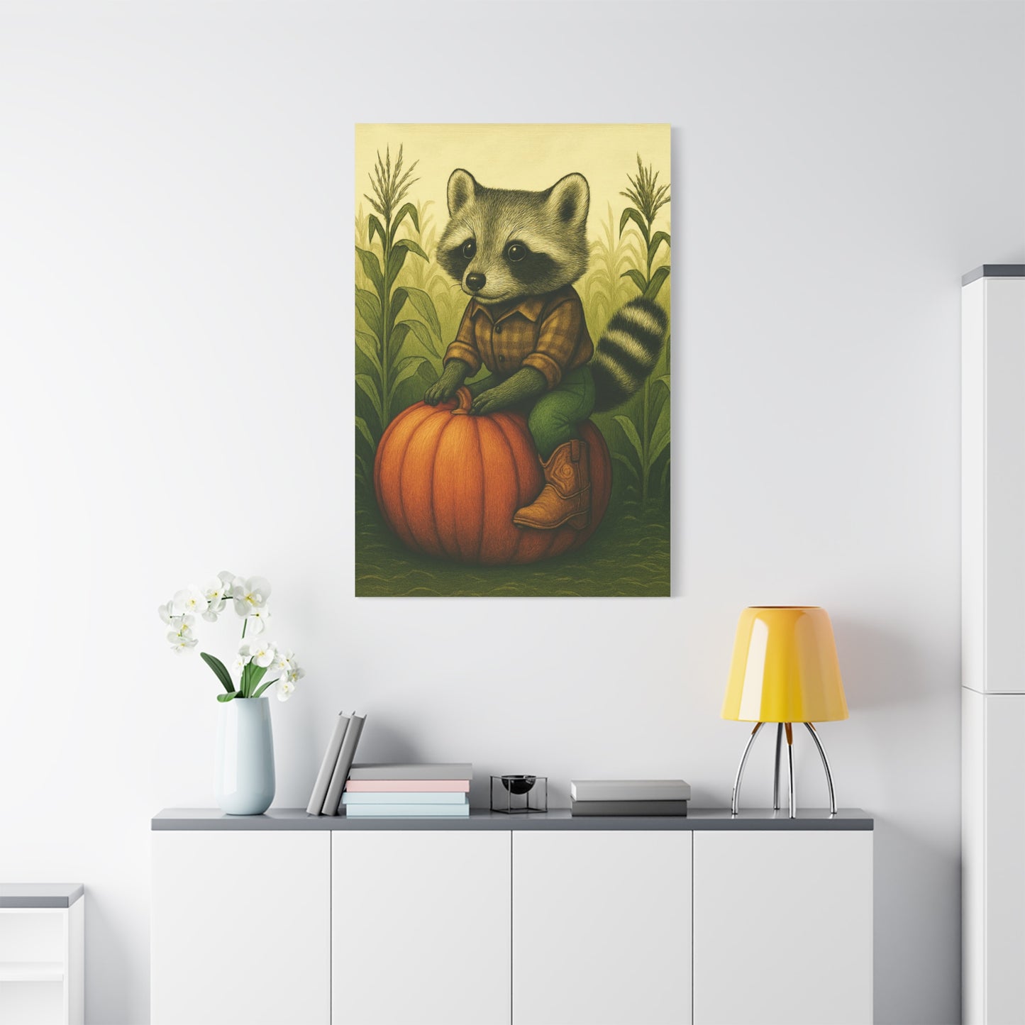 Matte Canvas Cowboy Harvest Raccoon on Pumpkin in Cornfield Green 8x10 - many sizes