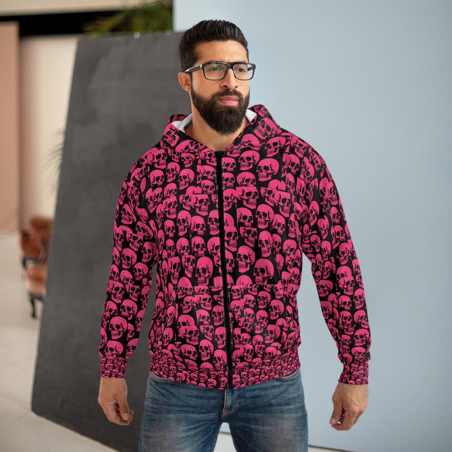 Edgy Pink Skull Hoodie Gothic Streetwear Unisex Zip Up Jacket, Alternative Punk Hoodie for Men and Women, Halloween Skull Print Fashion
