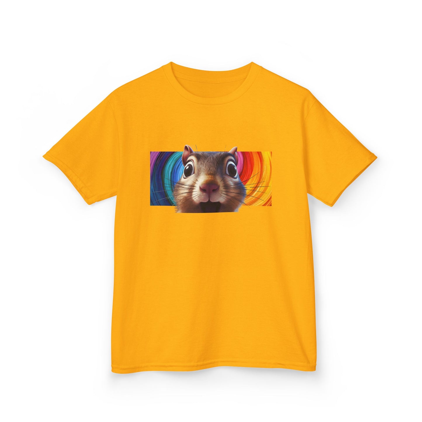Funny Squirrel Kids T Shirt with Cute Cartoon Chipmunk Rainbow Graphic Tee Squeek Squeek Animal Lover Gift Yellow Childrens Shirt