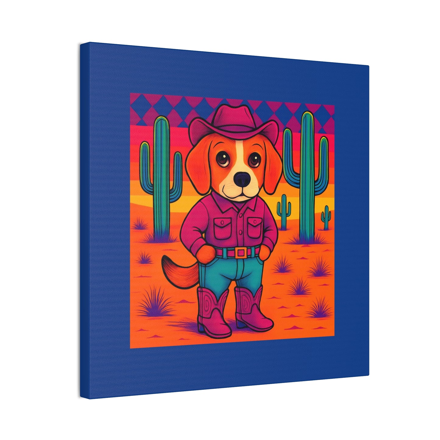Canvas Stretched, Bright Colored Cowboy Dog in Desert Cactus, Cute Whimsical Wall Art, Home Decor, Western Animal Print, Dog Lover Gift