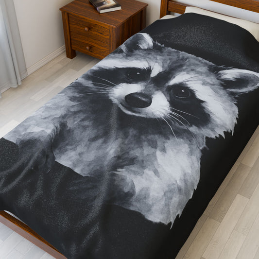 Black and White Raccoon Velveteen Plush Blanket | Cute Animal Face Throw