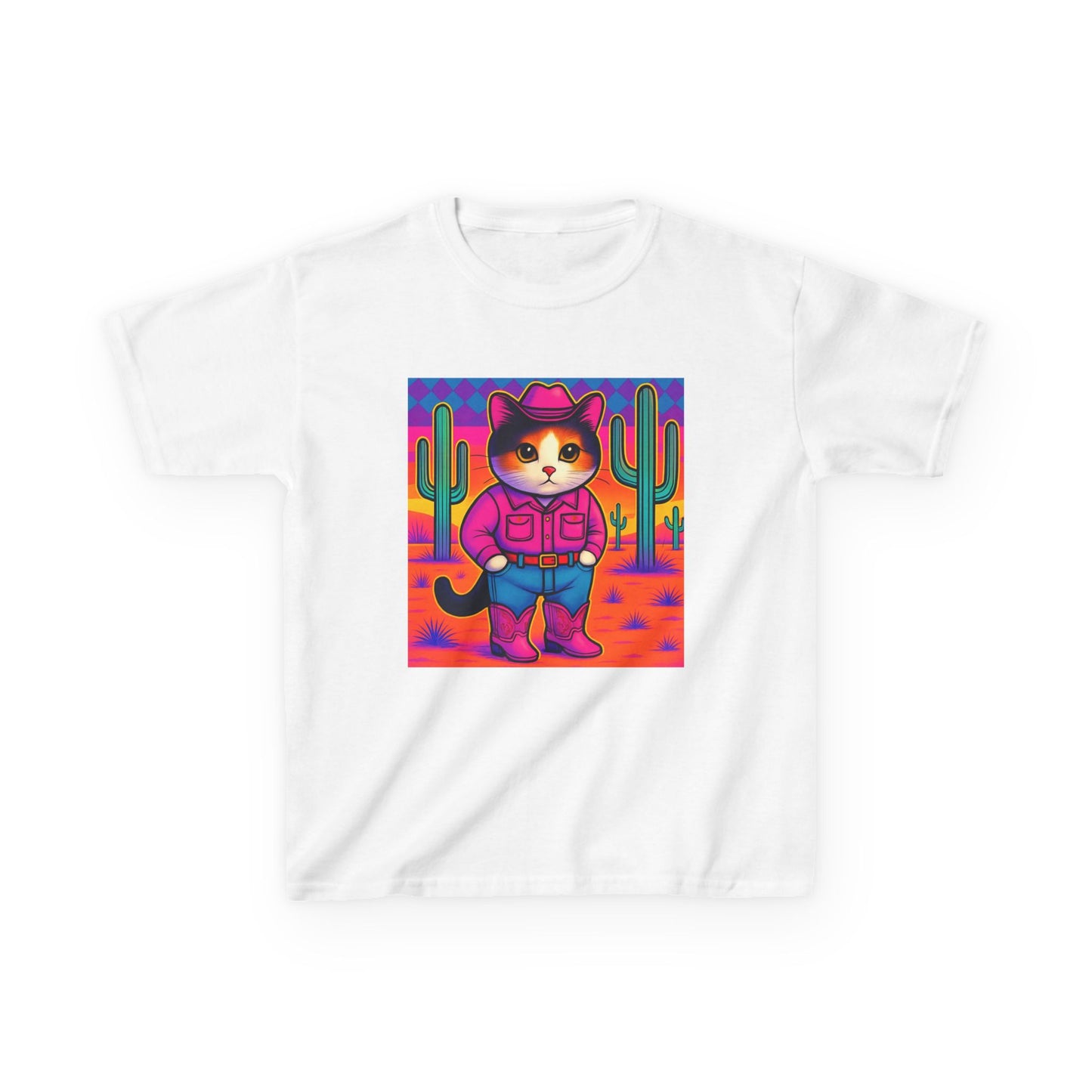 Cowgirl Cat Kids Shirt Cute Western Cat Tee Pink Calico Kitty Desert Shirt Y2K Girls Graphic Tee Kids Heavy