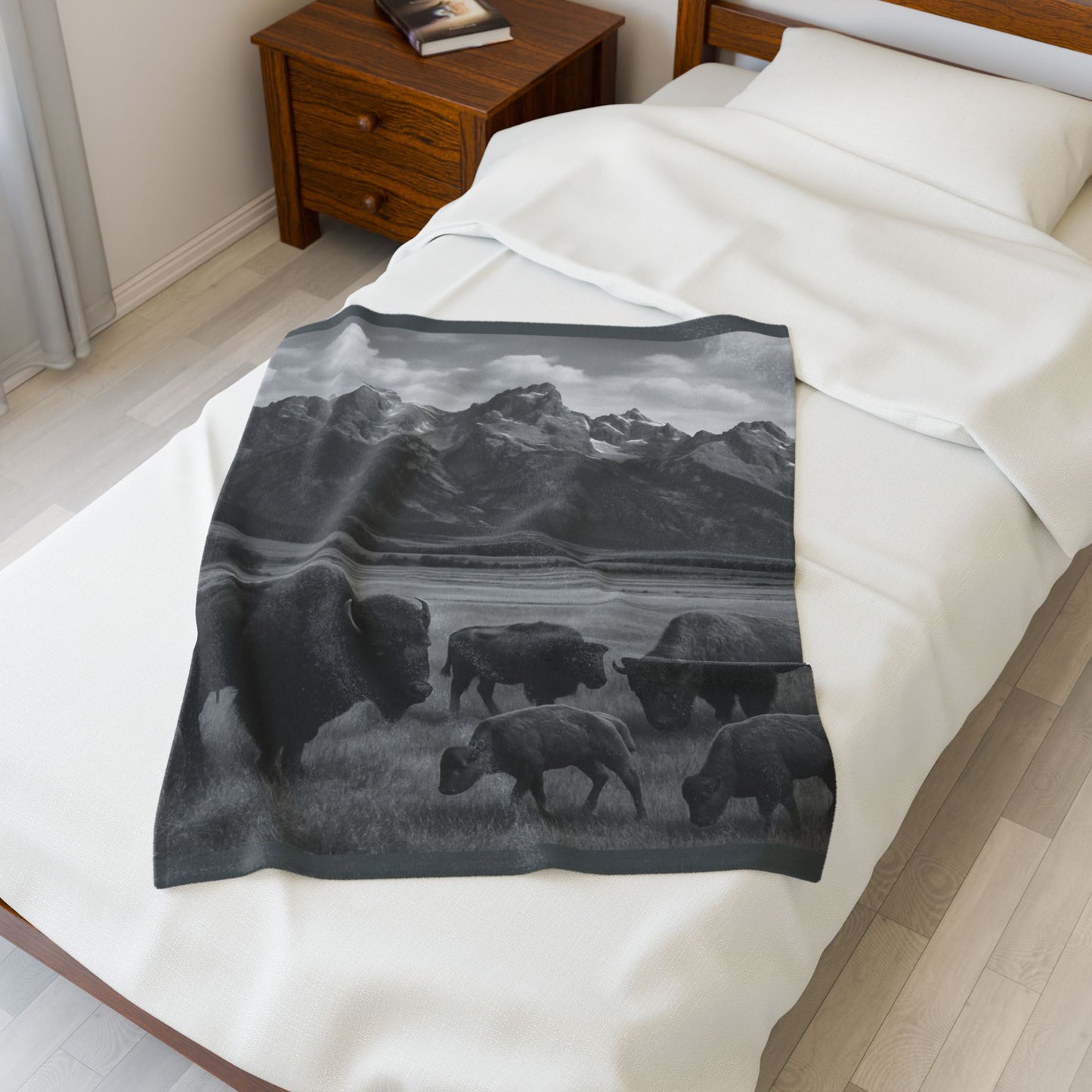 Rustic Bison Mountain Blanket Western Wildlife Lodge Cabin Decor, Cozy Buffalo Herd Bed Throw, Nature Inspired Rustic Bedding